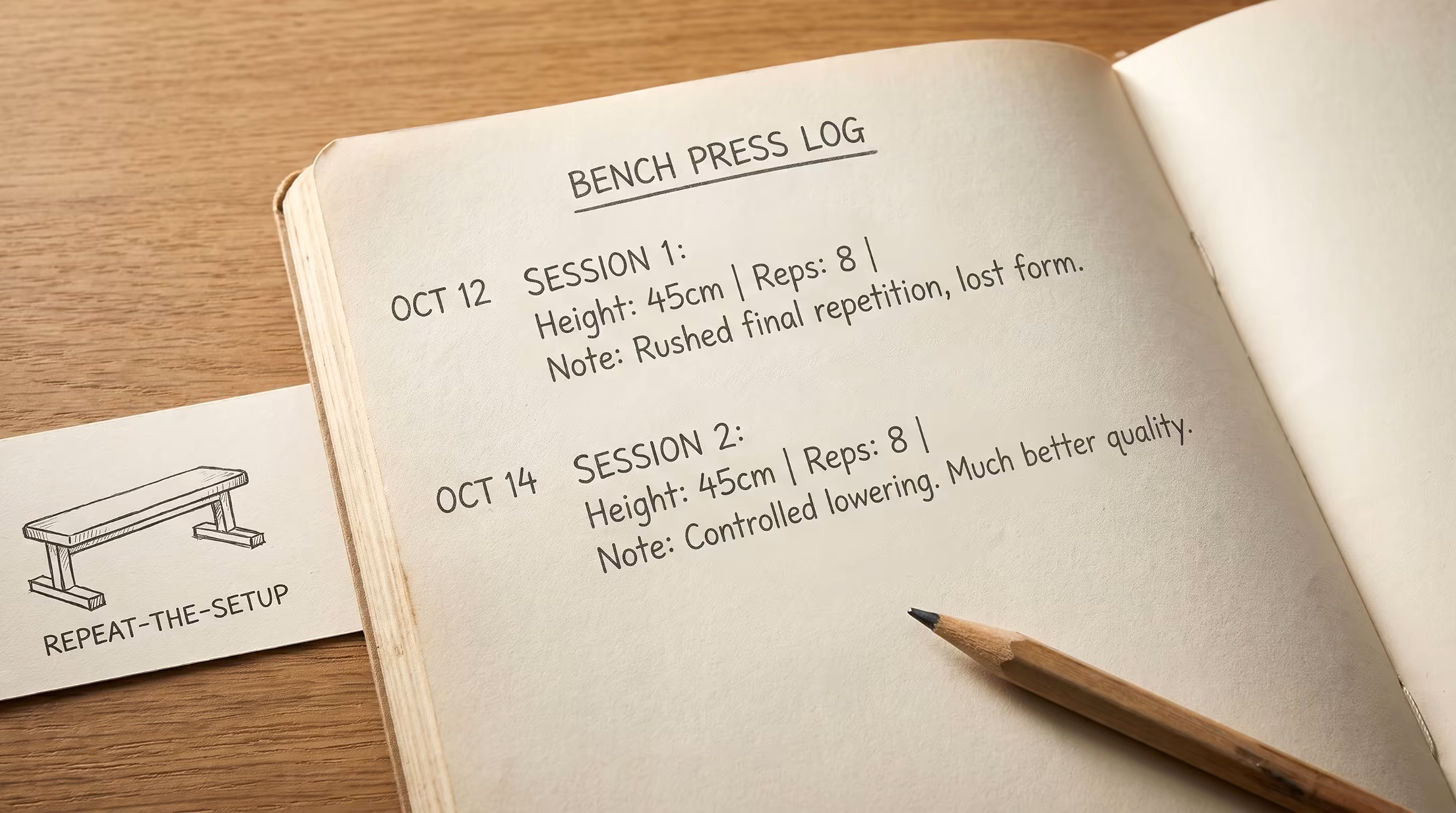 Side-by-side training log comparing two sessions with identical reps and improved control